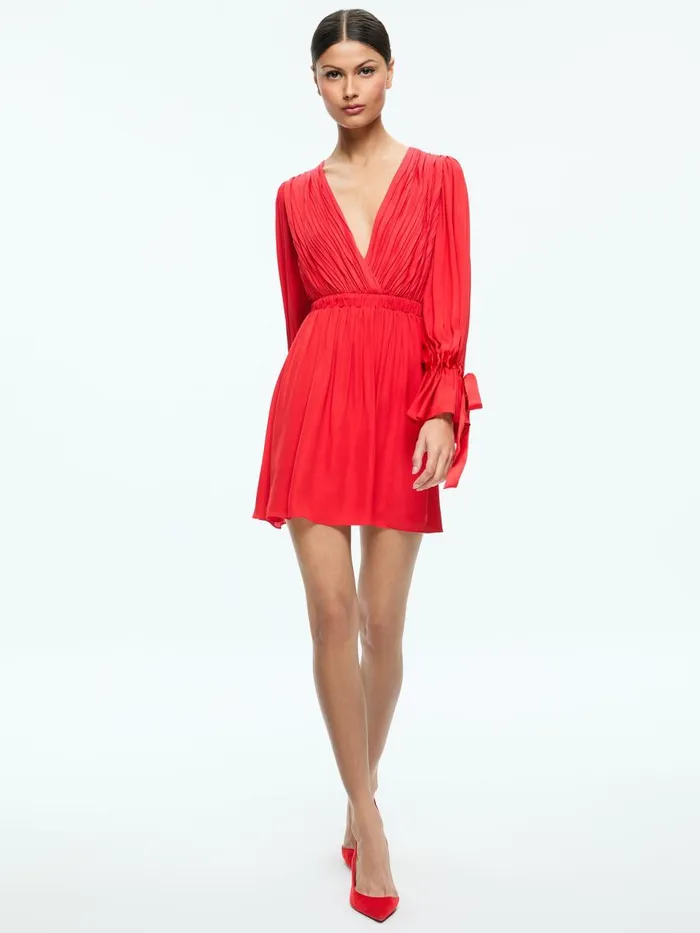 Dresses Women Alice Olivia CLARISSA DEEP V TIE SLEEVE MINI DRESS Bright Ruby