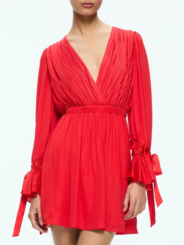 Dresses Women Alice Olivia CLARISSA DEEP V TIE SLEEVE MINI DRESS Bright Ruby