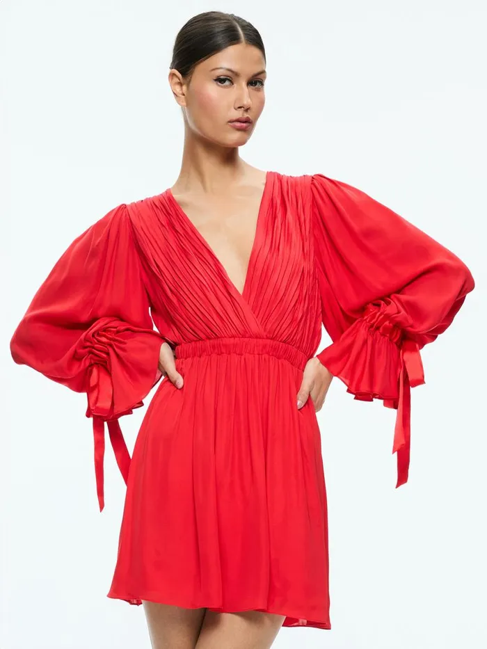 Dresses Women Alice Olivia CLARISSA DEEP V TIE SLEEVE MINI DRESS Bright Ruby