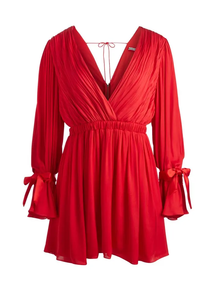 Dresses Women Alice Olivia CLARISSA DEEP V TIE SLEEVE MINI DRESS Bright Ruby