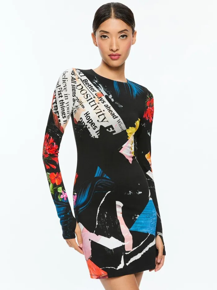 Dresses Women Alice Olivia DELORA CREW NECK LONG SLEEVE MINI DRESS Azalea Floral