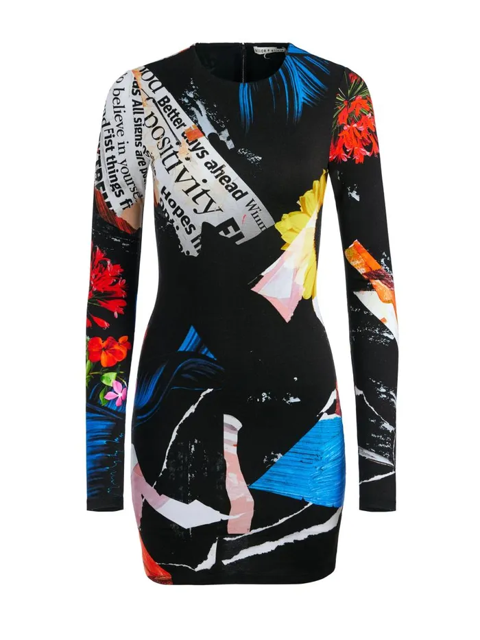Dresses Women Alice Olivia DELORA CREW NECK LONG SLEEVE MINI DRESS Azalea Floral