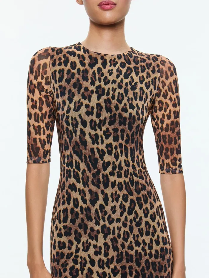 Dresses Women Alice Olivia DELORA CREW NECK MESH MIDI DRESS Spotted Leopard Dark Tan