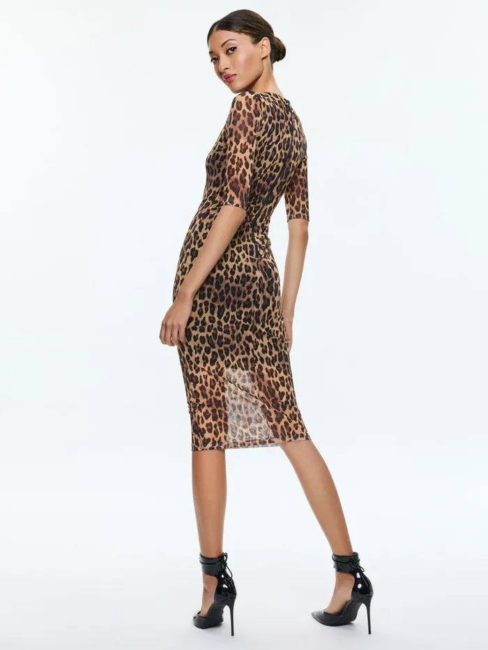 Dresses Women Alice Olivia DELORA CREW NECK MESH MIDI DRESS Spotted Leopard Dark Tan