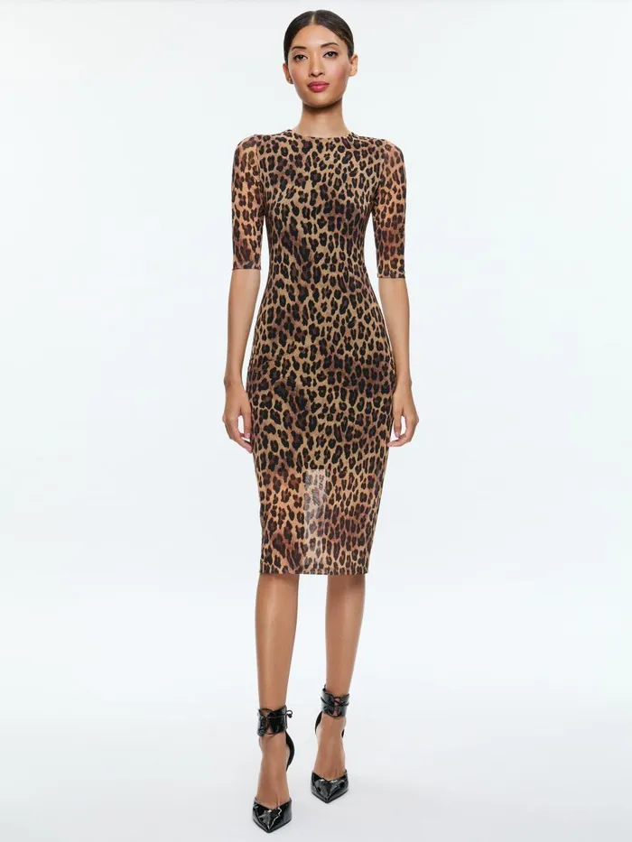 Dresses Women Alice Olivia DELORA CREW NECK MESH MIDI DRESS Spotted Leopard Dark Tan