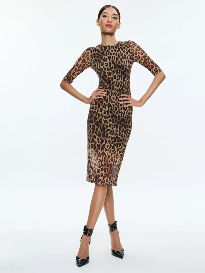 Dresses Women Alice Olivia DELORA CREW NECK MESH MIDI DRESS Spotted Leopard Dark Tan