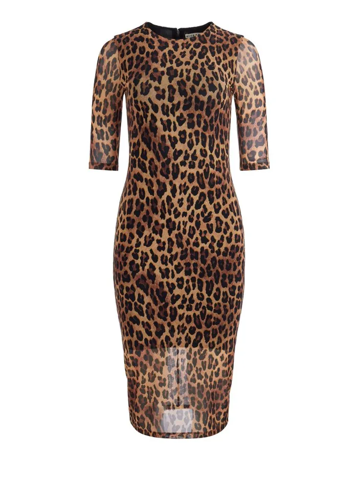 Dresses Women Alice Olivia DELORA CREW NECK MESH MIDI DRESS Spotted Leopard Dark Tan