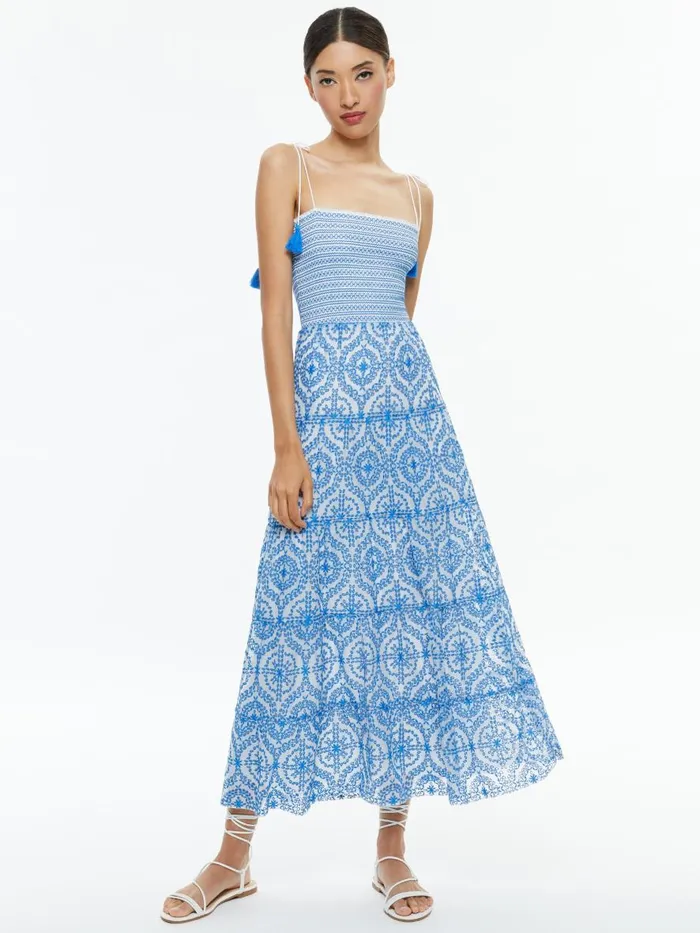 Dresses Women Alice Olivia MARNA TIERED MIDI TIE STRAP DRESS Off Whitefrench Blue