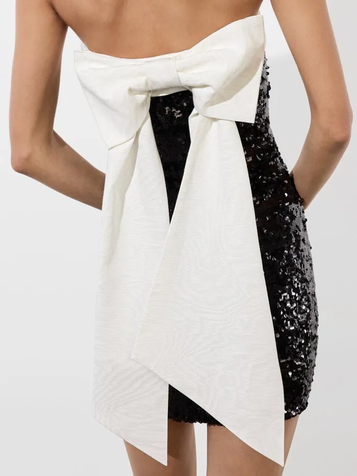 Dresses Women Alice Olivia SIBELLA SEQUIN STRAPLESS DRAPED BOW BACK MINI DRESS Blackoff White