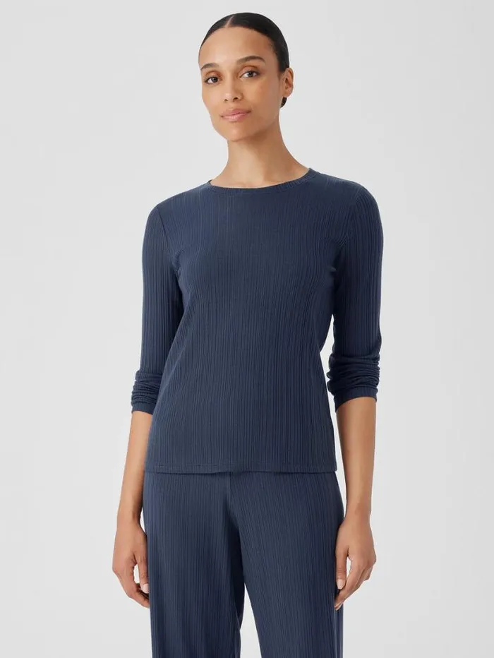 Eileen Fisher Petite Variegated Rib Knit Crew Neck Top Ocean 8211 Shop