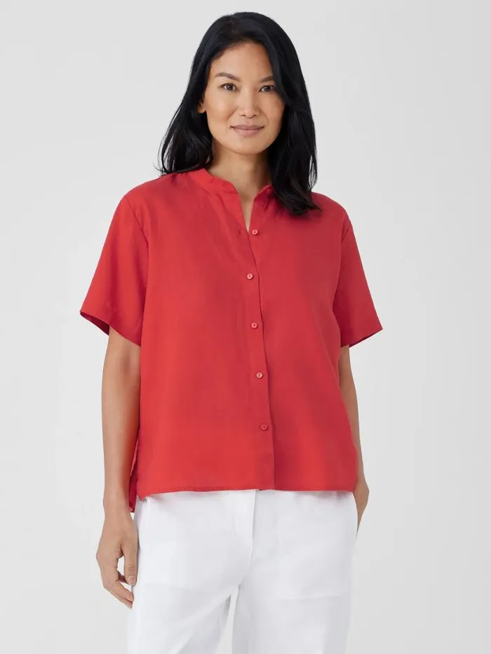 Eileen Fisher Tops and Tees Organic Handkerchief Linen Band Collar ShortSleeve Shirt Flame 8211 Shop Eileen Fisher Tops and Tees Organic Handkerchief Linen Band Collar ShortSleeve Shirt Flame 8211 Shop