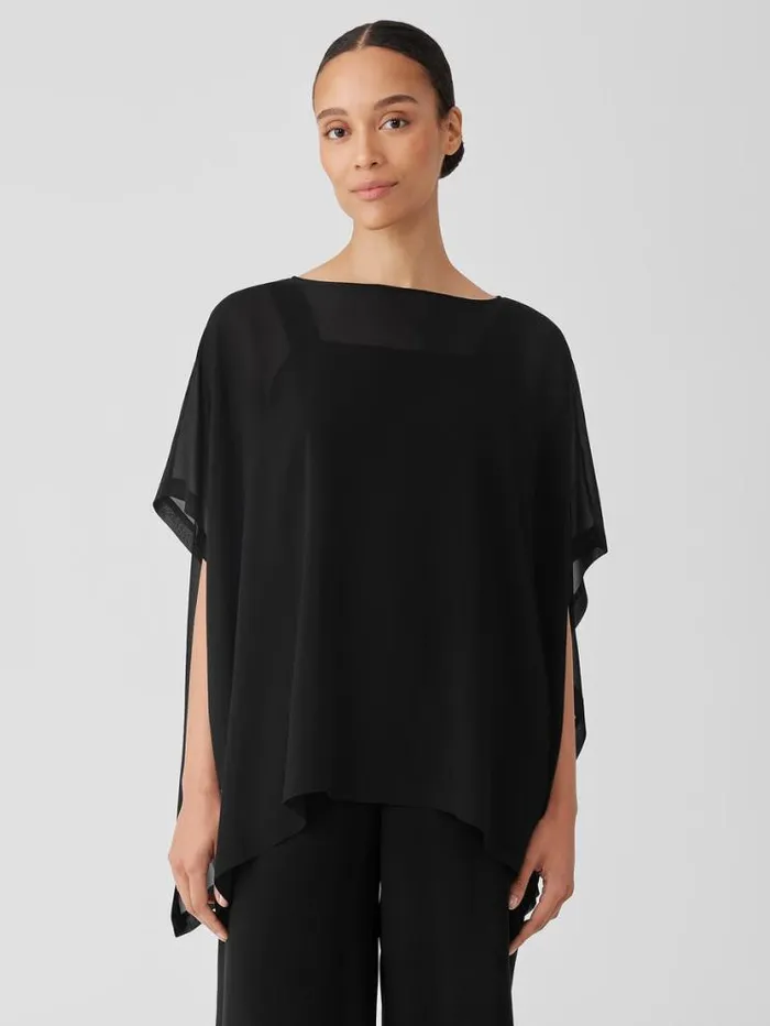 Eileen Fisher Tops and Tees Sheer Silk Georgette Long Poncho Black 8211 Shop