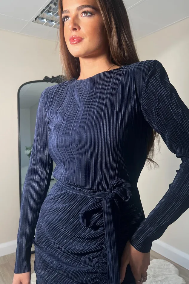 Elena Long Sleeve Ruched Seamed Midi Dress Navy Women Girl In Mind Bodycon Dresses