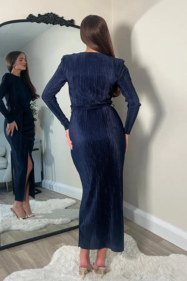 Elena Long Sleeve Ruched Seamed Midi Dress Navy Women Girl In Mind Bodycon Dresses