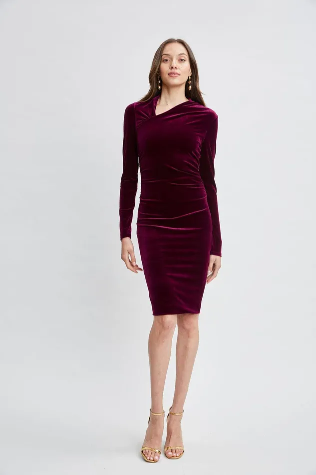 Elie Tahari Asymmetric Ruched Velvet Dress Burgundy Women Dresses and Jumpsuits Elie Tahari Asymmetric Ruched Velvet Dress Burgundy Women Dresses and Jumpsuits