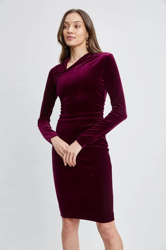 Elie Tahari Asymmetric Ruched Velvet Dress Burgundy Women Dresses and Jumpsuits