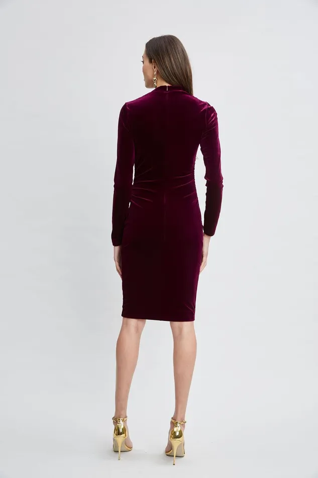 Elie Tahari Asymmetric Ruched Velvet Dress Burgundy Women Dresses and Jumpsuits