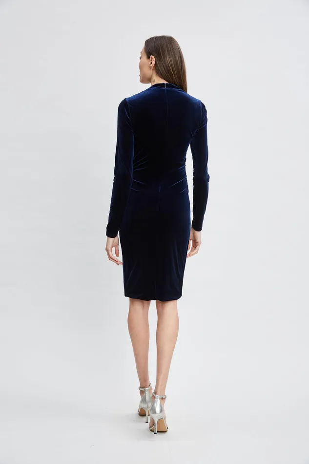 Elie Tahari Asymmetric Ruched Velvet Dress Midnight Women Suiting