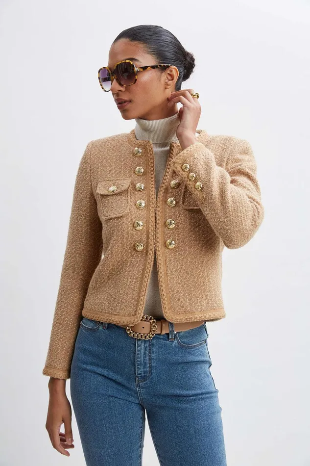 Elie Tahari Boucle Button Jacket Toffee Women Jackets and Blazers