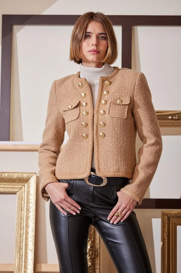 Elie Tahari Boucle Button Jacket Toffee Women Jackets and Blazers