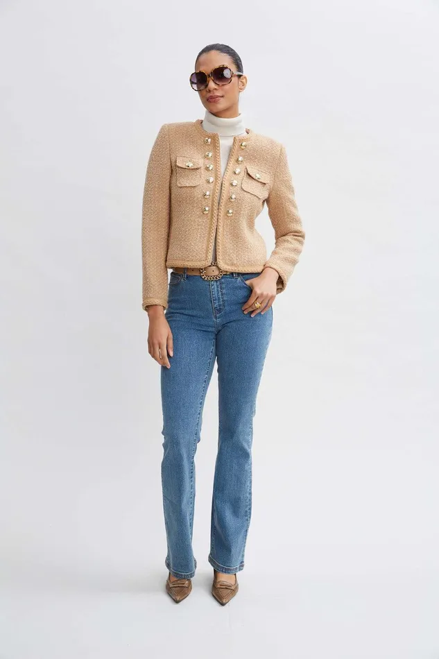 Elie Tahari Boucle Button Jacket Toffee Women Jackets and Blazers
