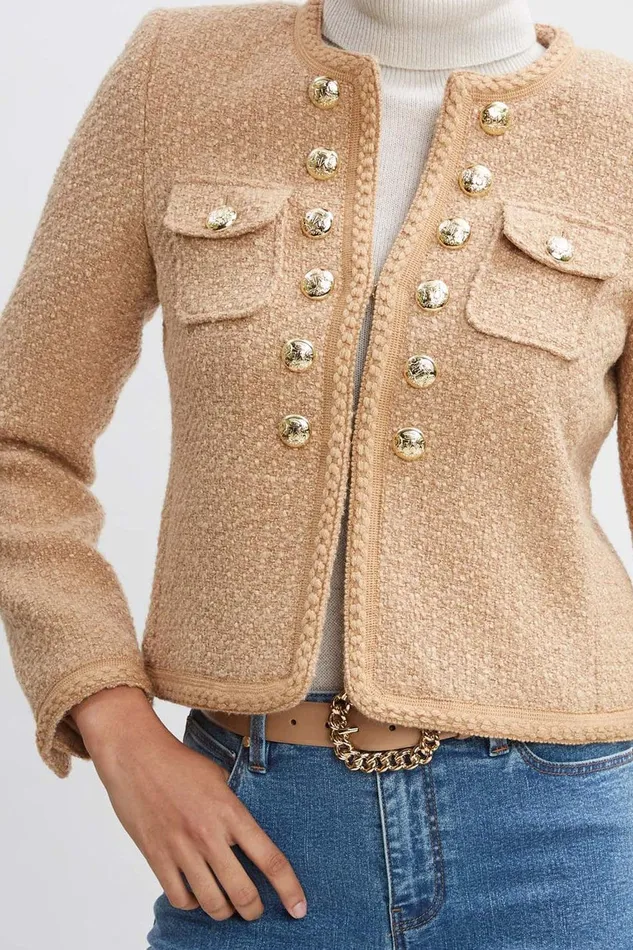 Elie Tahari Boucle Button Jacket Toffee Women Jackets and Blazers