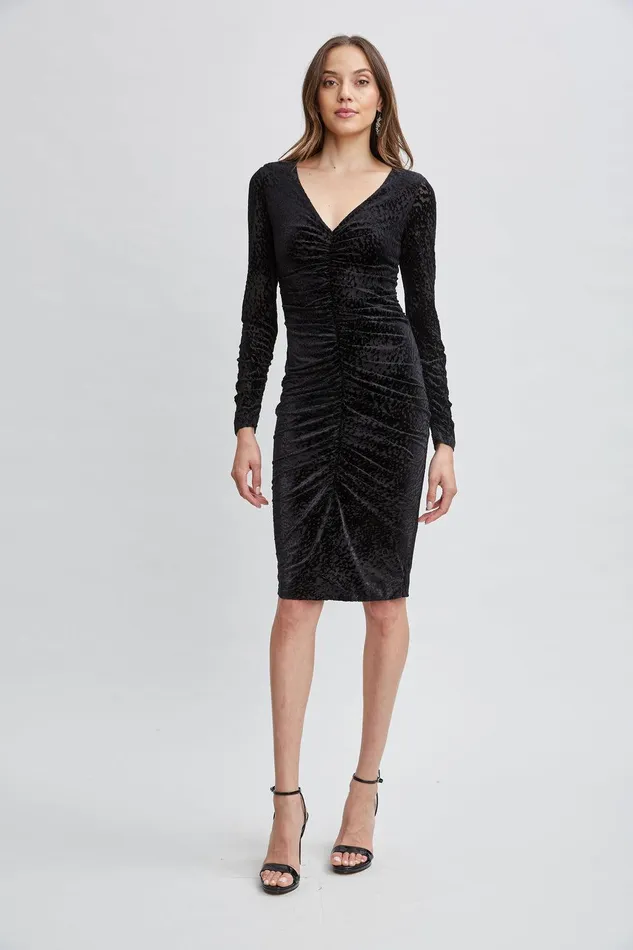 Elie Tahari Burnout Velvet Ruched Dress Black Women Dresses and Jumpsuits