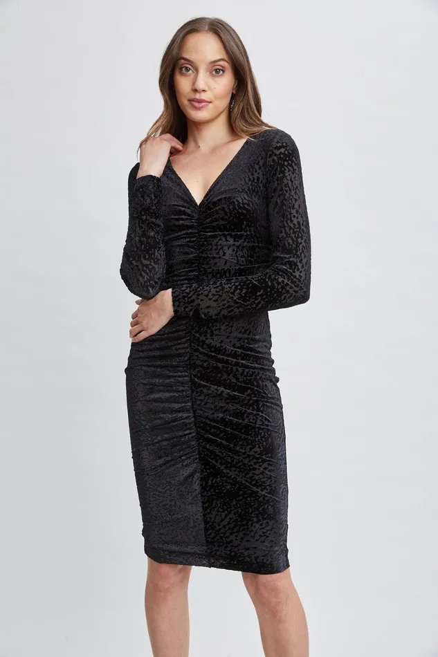 Elie Tahari Burnout Velvet Ruched Dress Black Women Dresses and Jumpsuits