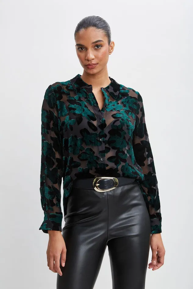Elie Tahari Burnout Velvet Shirt Forest Green Women Tops