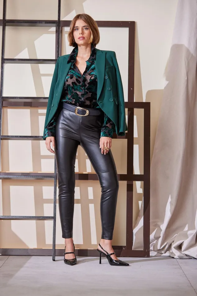 Elie Tahari Burnout Velvet Shirt Forest Green Women Tops
