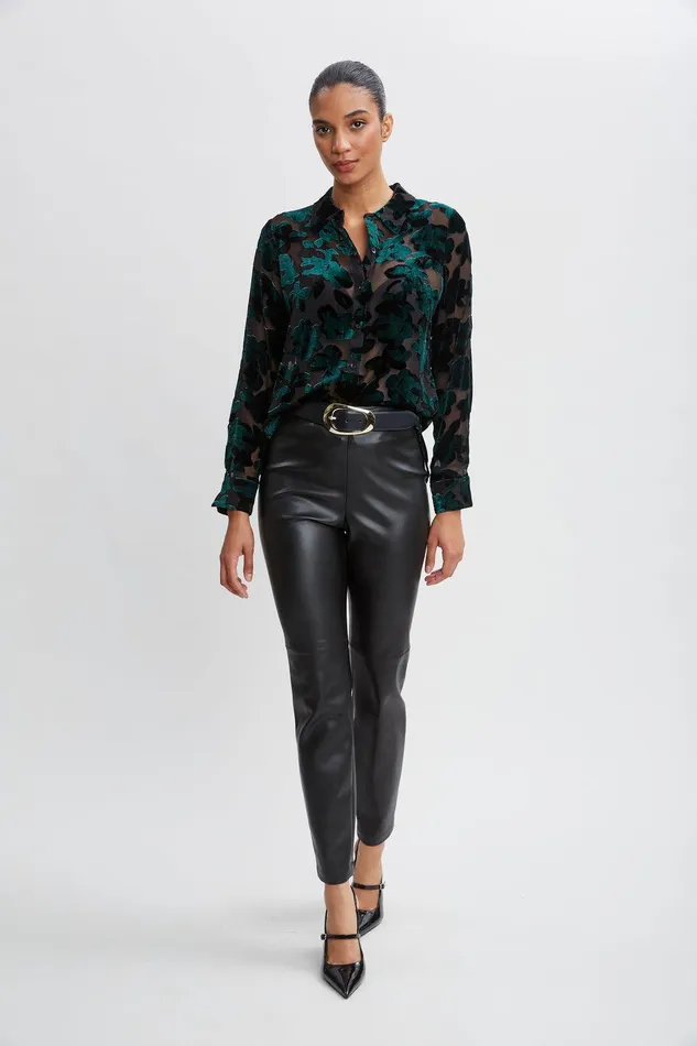 Elie Tahari Burnout Velvet Shirt Forest Green Women Tops
