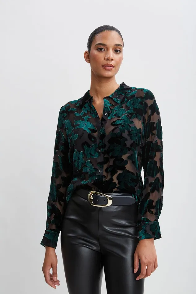 Elie Tahari Burnout Velvet Shirt Forest Green Women Tops
