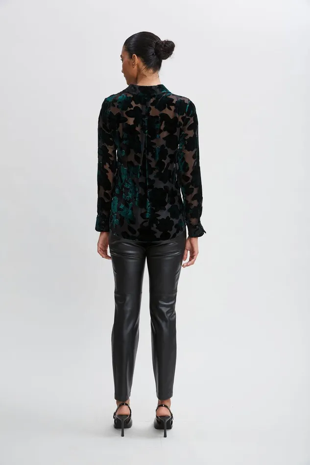 Elie Tahari Burnout Velvet Shirt Forest Green Women Tops