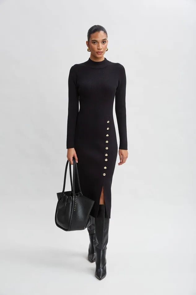 Elie Tahari Button Sweater Dress Noir Women Dresses and Jumpsuits