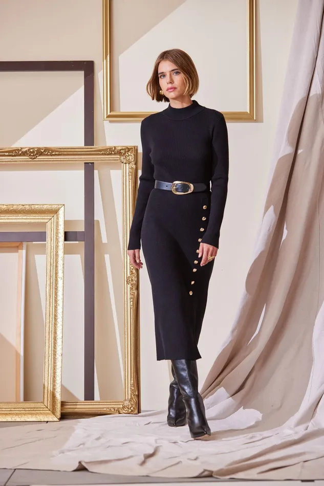 Elie Tahari Button Sweater Dress Noir Women Dresses and Jumpsuits