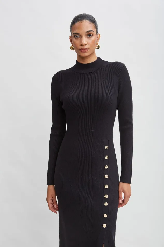 Elie Tahari Button Sweater Dress Noir Women Dresses and Jumpsuits