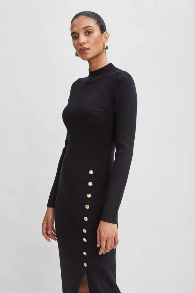 Elie Tahari Button Sweater Dress Noir Women Dresses and Jumpsuits
