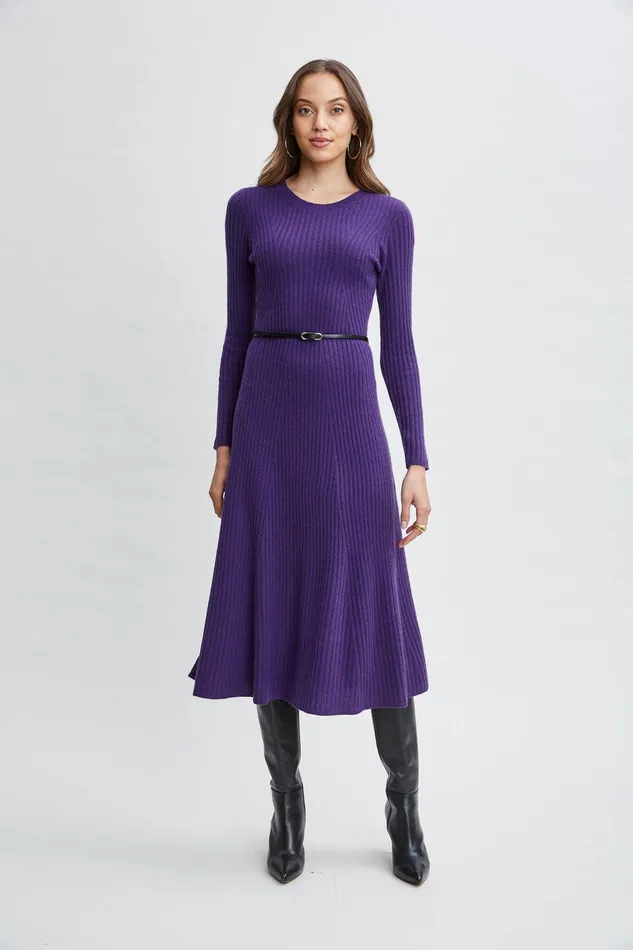 Elie Tahari Cashmere Long Sleeve Belted Dress Horizon Purple Women Dresses and Jumpsuits