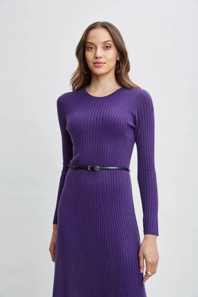 Elie Tahari Cashmere Long Sleeve Belted Dress Horizon Purple Women Dresses and Jumpsuits