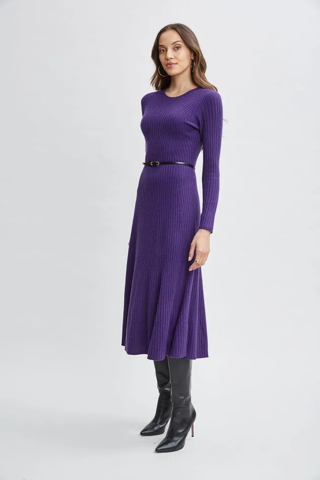 Elie Tahari Cashmere Long Sleeve Belted Dress Horizon Purple Women Dresses and Jumpsuits