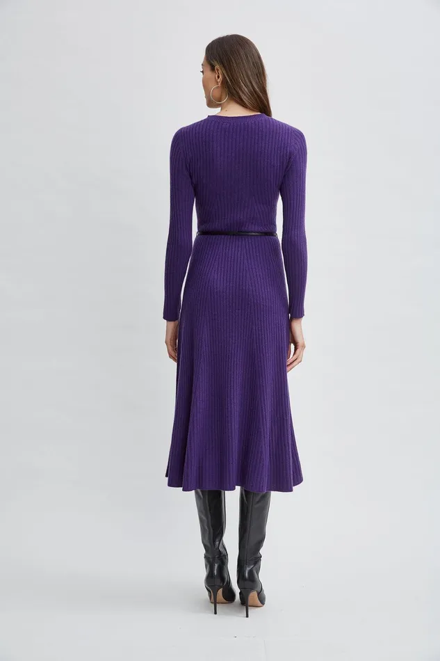 Elie Tahari Cashmere Long Sleeve Belted Dress Horizon Purple Women Dresses and Jumpsuits