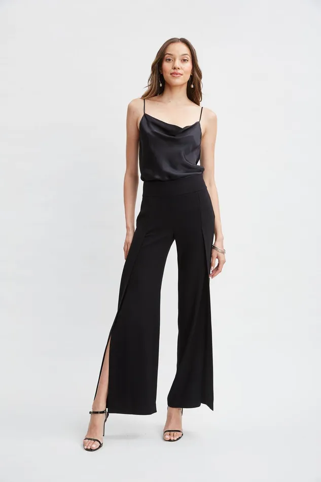 Elie Tahari Crepe Overlay Slit Pant Black Women Bottoms