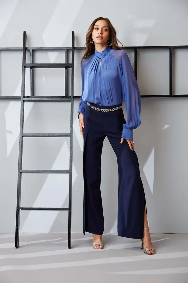 Elie Tahari Crepe Overlay Slit Pant Galaxy Navy Women Suiting