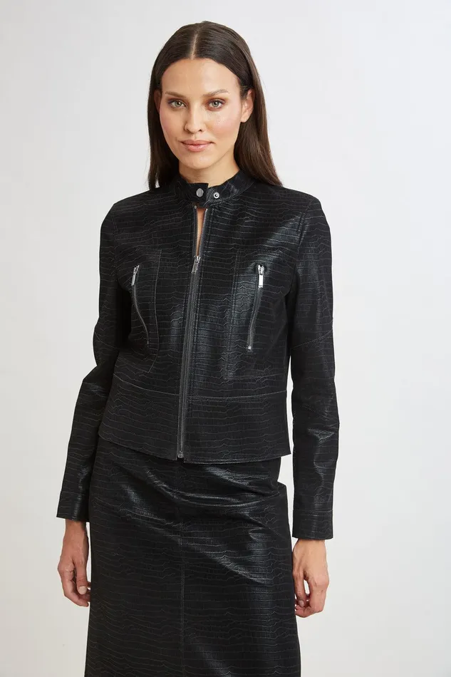 Elie Tahari Croco Embossed Vegan Leather Motto Jacket Black Women Jackets and Blazers Elie Tahari Croco Embossed Vegan Leather Motto Jacket Black Women Jackets and Blazers