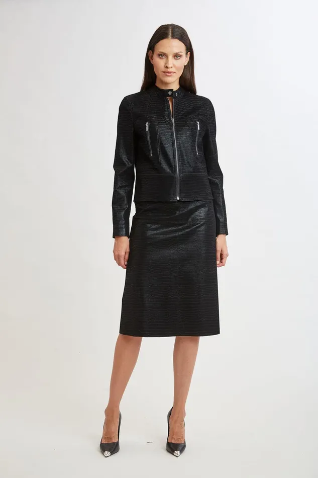 Elie Tahari Croco Embossed Vegan Leather Motto Jacket Black Women Jackets and Blazers