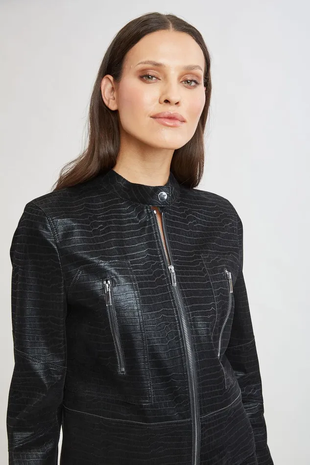 Elie Tahari Croco Embossed Vegan Leather Motto Jacket Black Women Jackets and Blazers