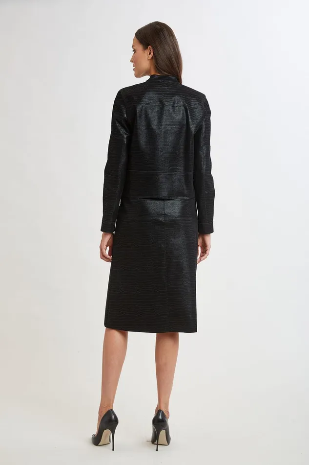 Elie Tahari Croco Embossed Vegan Leather Motto Jacket Black Women Jackets and Blazers