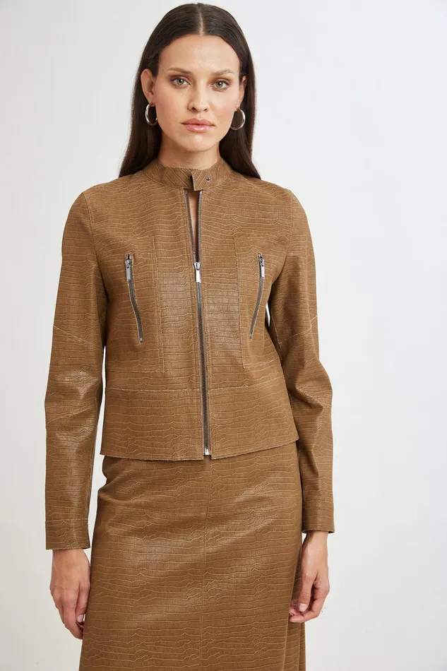 Elie Tahari Croco Embossed Vegan Leather Motto Jacket Caramel Women Jackets and Blazers Elie Tahari Croco Embossed Vegan Leather Motto Jacket Caramel Women Jackets and Blazers
