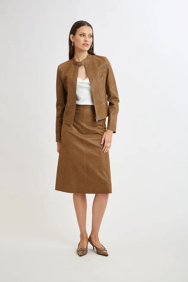 Elie Tahari Croco Embossed Vegan Leather Motto Jacket Caramel Women Jackets and Blazers