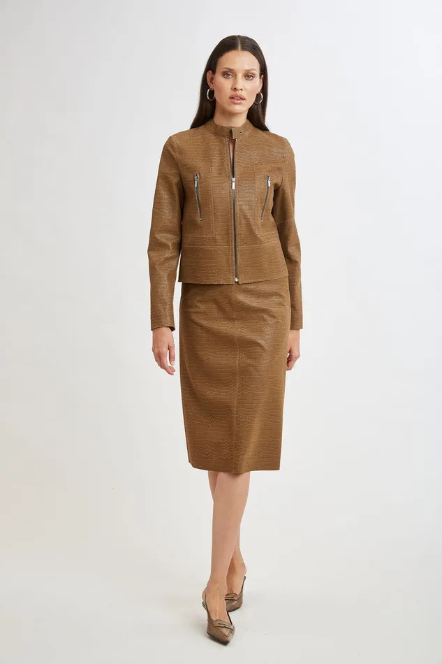 Elie Tahari Croco Embossed Vegan Leather Motto Jacket Caramel Women Jackets and Blazers